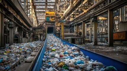 Industrial facility processing plastic waste with conveyor belt and machinery