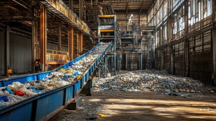 Industrial facility processing plastic waste with conveyor belt and machinery