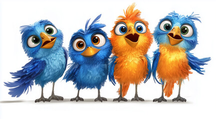 Obraz premium Colorful, happy, animated birds in a cute, vibrant group, cheerful display of cartoon avian characters, joyful illustration, animated birds concept
