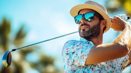 golfer in hat and sunglasses performing a powerful swing on the golf course, highlighting his skill and focus in the game, with a sunny outdoor setting and recreational sport atmosphere