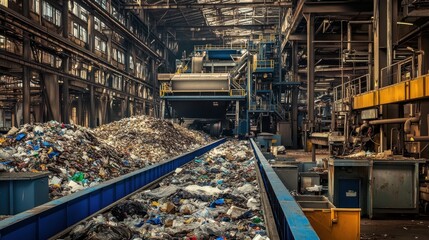Industrial facility processing plastic waste with conveyor belt and machinery
