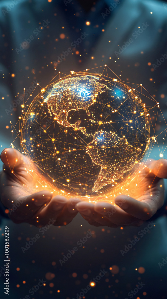 Poster scientist holding glowing earth with network connections, representing global communication and tech
