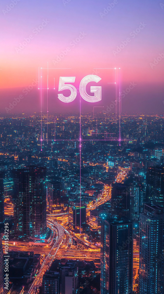 Poster Futuristic cityscape with a 5g network overlay symbolizing the future of technology and high-speed internet