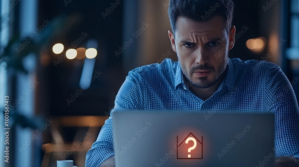 Poster businessman working on laptop computer at office with exclamation alarm caution warning notification