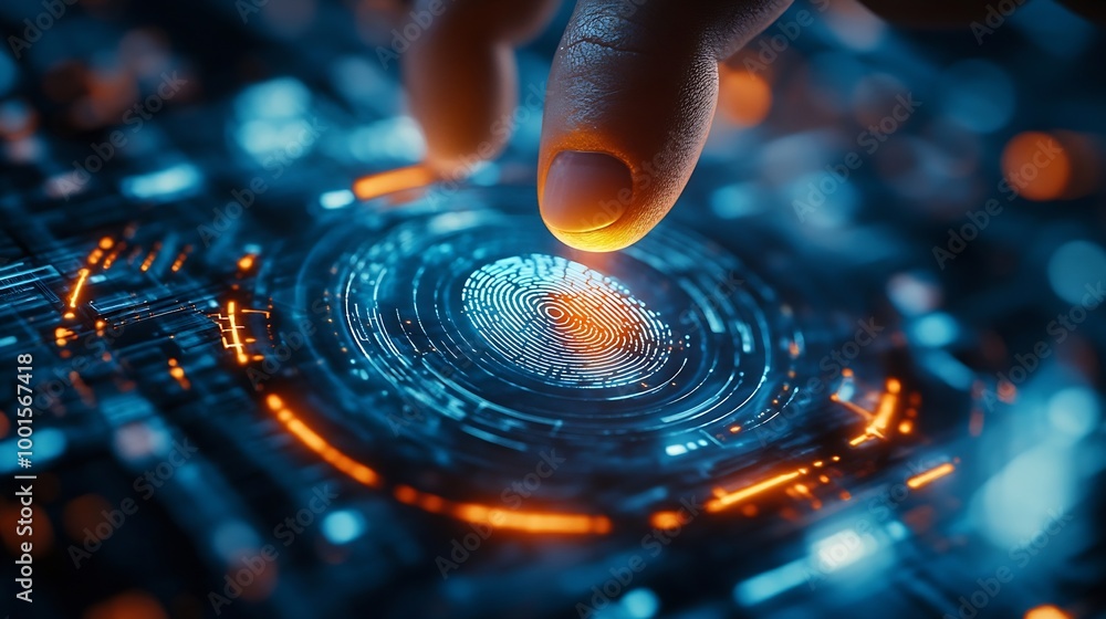 Leinwandbilder Embrace future of security with thumbs up and virtual fingerprint scan Biometric identity verification and access password for robust technology security system Protect your informatio : Generative AI