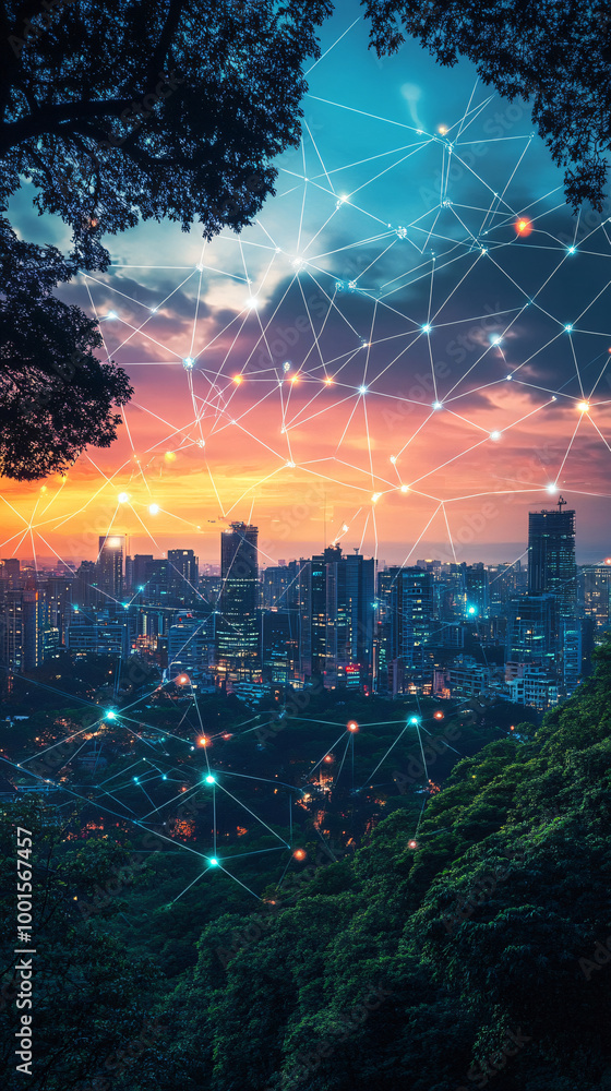 Poster cityscape and forest at dusk connected by a network, representing the intertwining of technology and