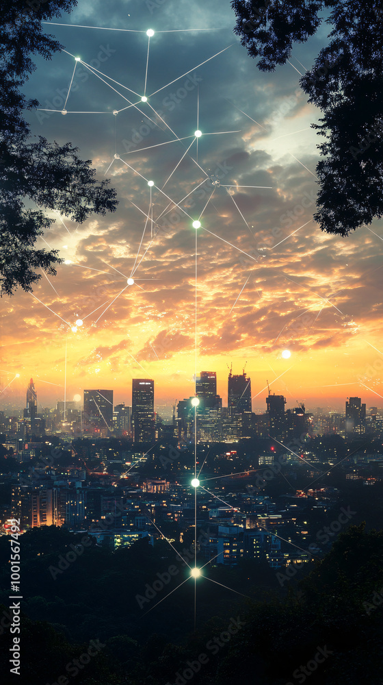 Poster urban skyline at sunset, showcasing innovative architecture and design with buildings connected and 