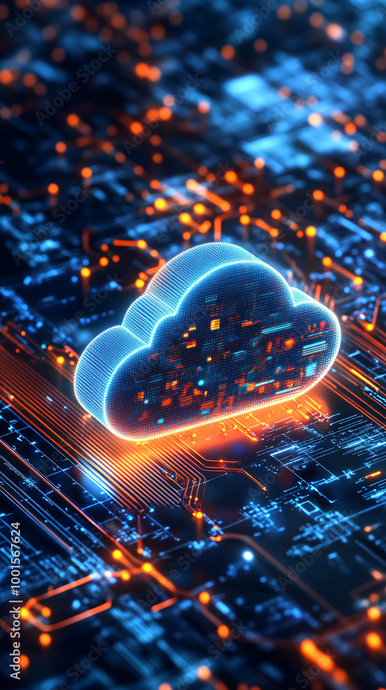 Poster Futuristic circuit board with a glowing blue cloud symbol representing cloud computing technology