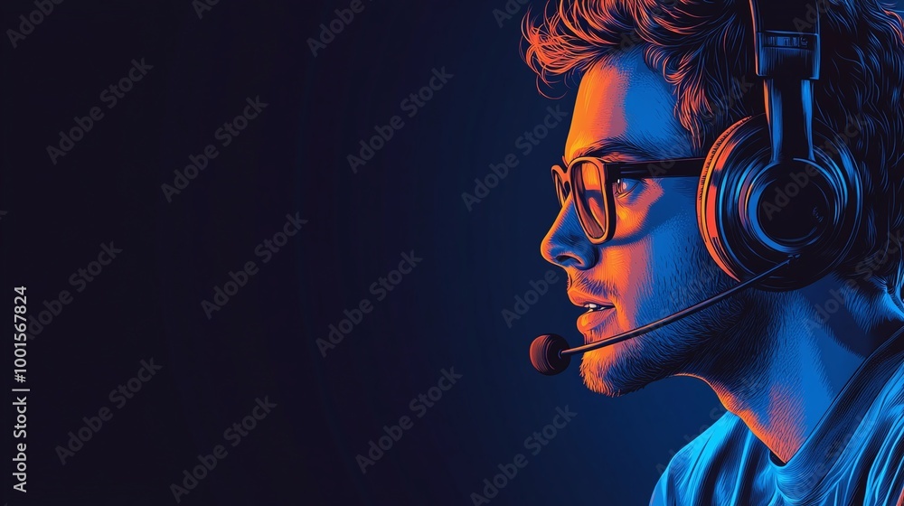 Poster a professional operator wearing a headset while engaged in a call, providing helpdesk support and cu