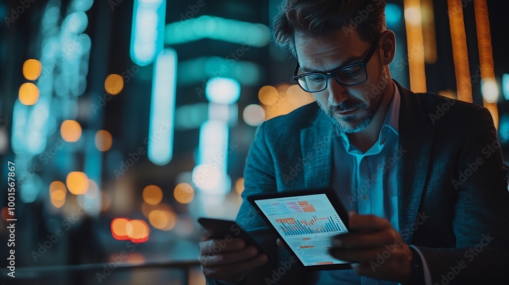Poster business man looking at financial information from a mobile phone he is checking company financial d