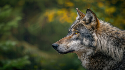 Fototapeta premium Grey wolf with intense yellow eyes in the forest