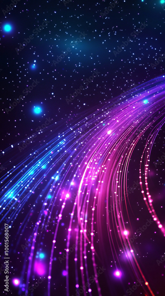 Aufkleber Abstract glowing light trails forming a wavy shape in the space with glowing particles and stars