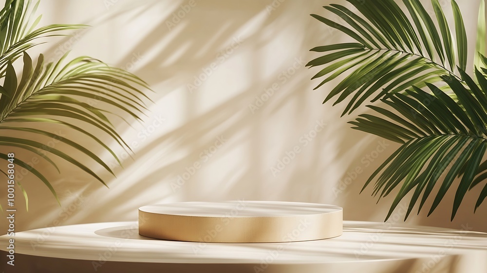 Aufkleber beige background for product presentation with shadow of tropical palm leaves and light podium stage