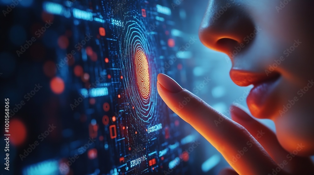 Aufkleber Biometric security system Woman uses fingerprint to access personal financial information on Banking app on virtual screen Biometric cyber security innovation technology : Generative AI