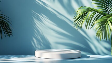 Fototapeta premium Minimal abstract bluewhite background for the presentation of a cosmetic product Premium podium with a shadow of tropical palm leaves on a blue wall and white table Showcase display ca : Generative AI