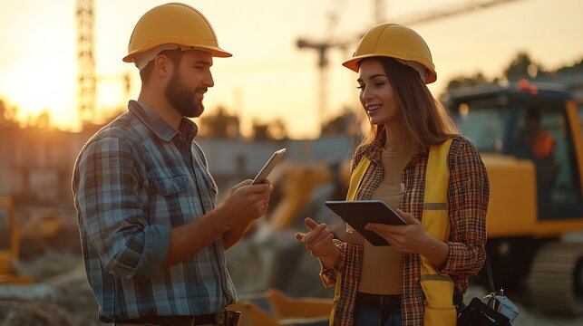 Cinematic Golden Hour Shot Of Construction Site Caucasian Male Civil Engineer And Hispanic Female Urban Planner Talking Using Tablet Trucks Excavators Loaders Working To Build New Apar : Generative AI