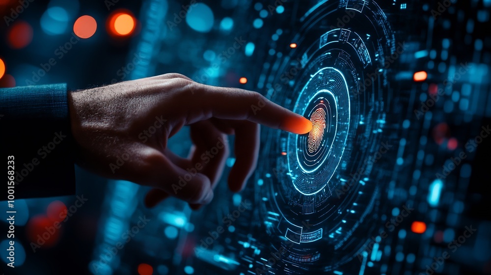 Fototapete Cyber security and data protection Businessman fingerprint scanning to access business data with ai and network connection Biometric security technology data encryption network securit : Generative AI