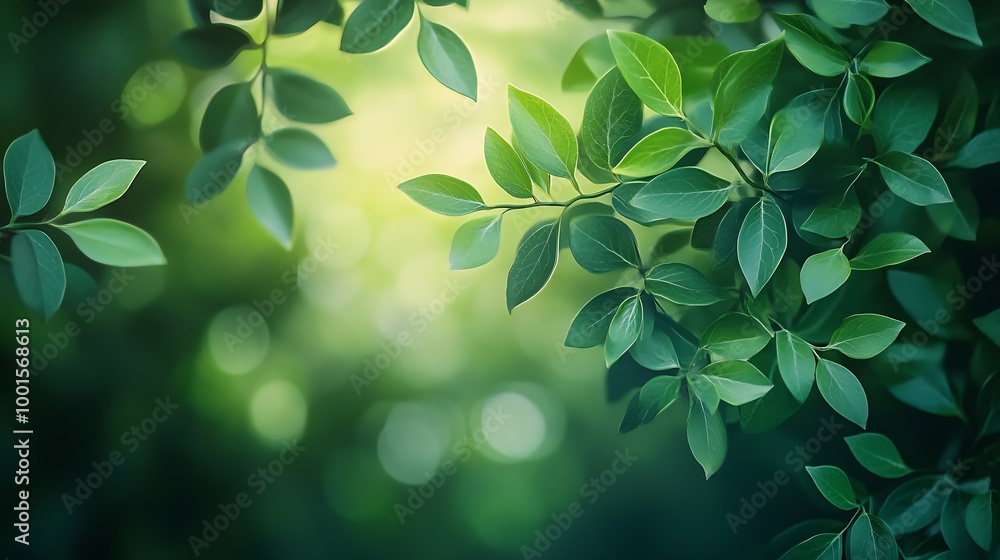 Aufkleber Spring abstract floral background branches of a green ruscus plant closeup with blurring strong soft focus background : Generative AI