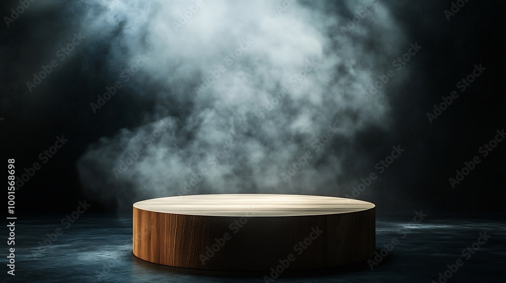 Leinwandbilder The empty wooden cylinder shape of product display Podium Stand for showing or design blank backdrop dark abstract wall with smoke float up Platform illuminated by spotlights : Generative AI