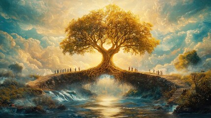 The Tree of Life bridging heaven and earth, with its roots in the river of life, as nations gather beneath its branches for healing, hyperrealistic, zero background noise, 16K resolution and