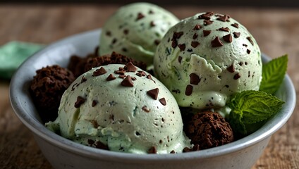 Decadent mint chocolate chip ice cream melting into delightful flavors.