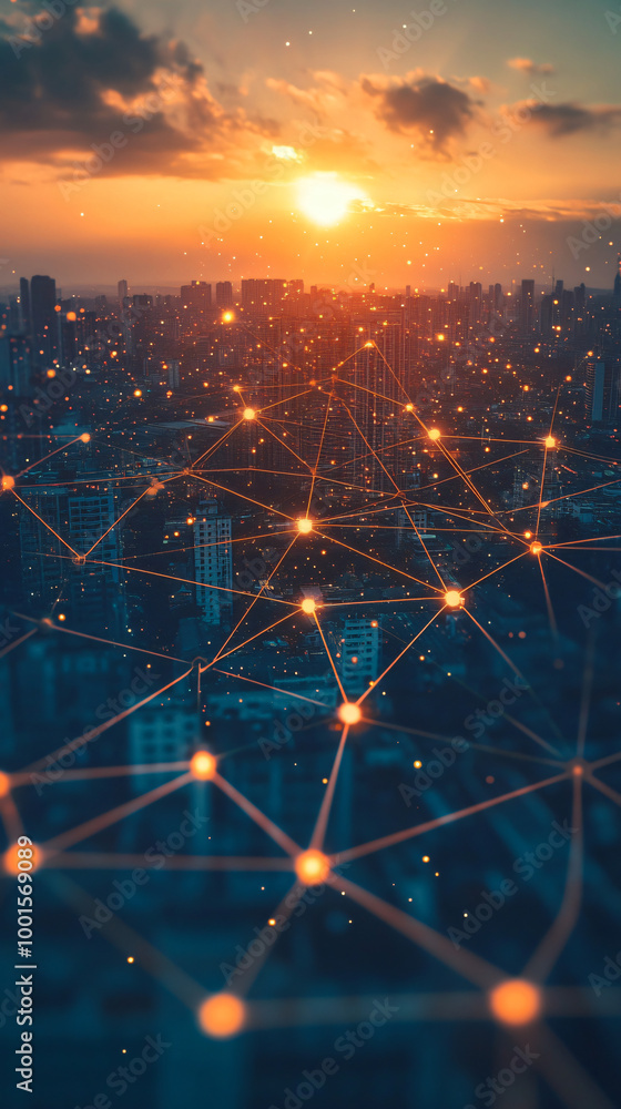 Poster network connecting buildings and data flowing over city skyline at sunset, symbolizing global commun