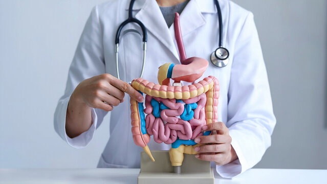 Medical Professional in White Coat Demonstrating Human Digestive System Anatomy with Stethoscope