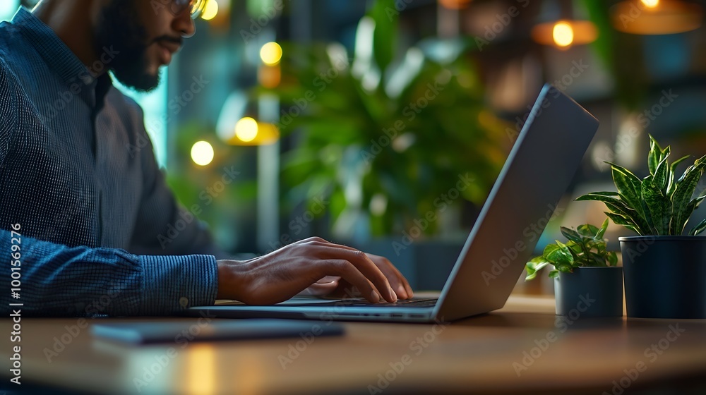 Poster Email inbox message list on a computer laptop screen man working on an office desk business background Email correspondence mail concept : Generative AI