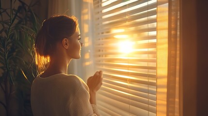 Woman opens window blinds letting the sun inside the room spending good morning in sunny and cozy apartment in beige tones Interior view : Generative AI © The Little Hut