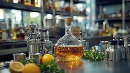 chemical distillation apparatus and flask filled with ethanol in a laboratory, showing the science experiment of separating alcohol through vapor and heat, highlighting the use of glassware