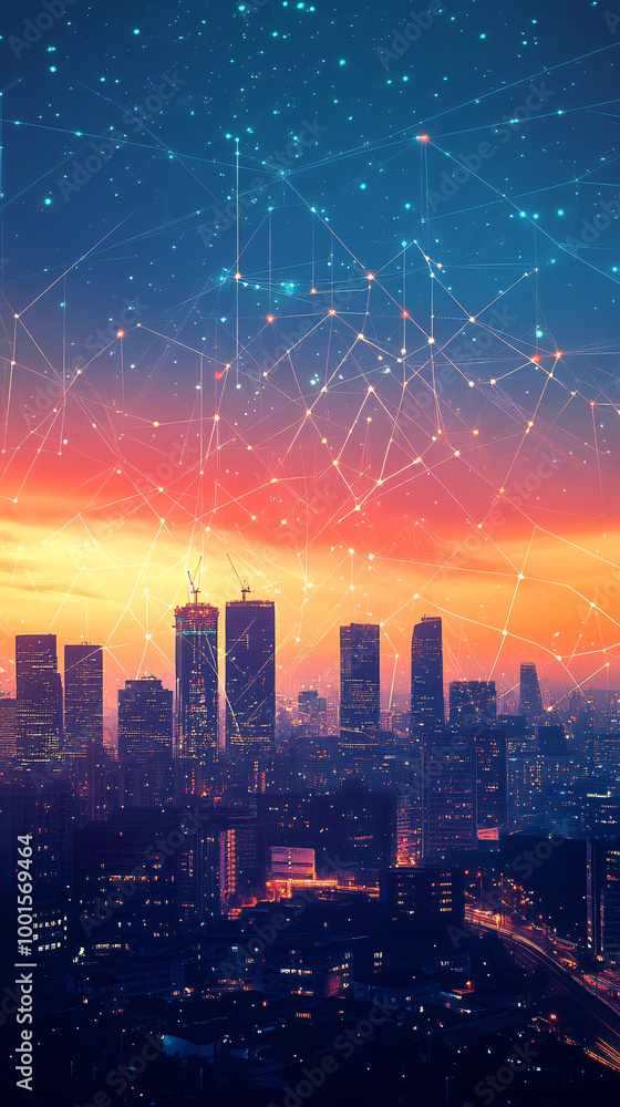 Poster the city glows at sunset, connecting lines form a network over modern architecture and skyscrapers, 