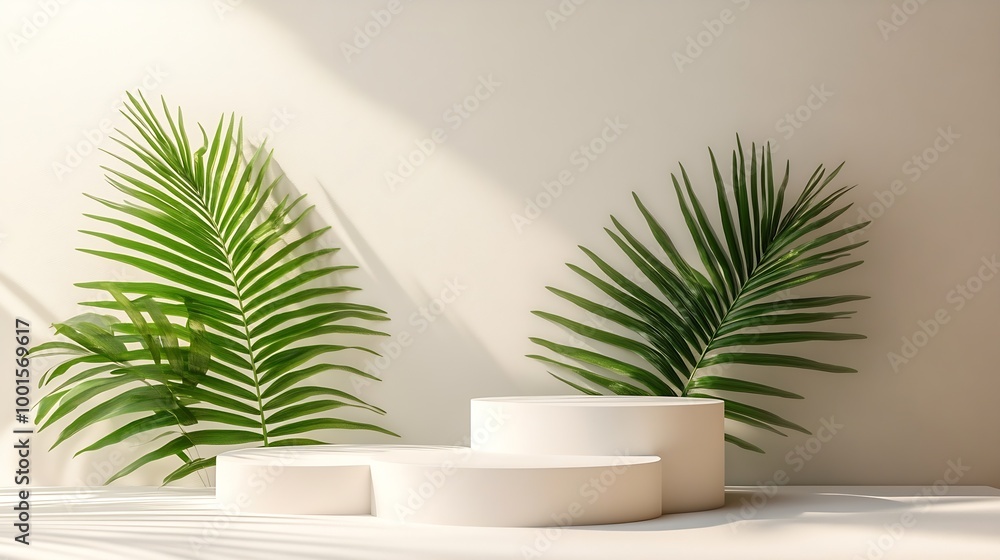 Poster Three varying height white podiums complemented by a palm leaf on a neutral background ideal for product display : Generative AI