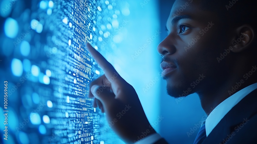 Poster biometric authentication african american businessman touching virtual panel for fingerprint scannin