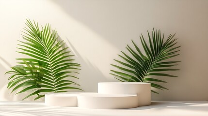Three varying height white podiums complemented by a palm leaf on a neutral background ideal for product display : Generative AI