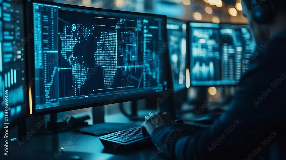 Poster Cyber security and data protection Business using computer and  tablet protecting business and financial data with virtual from cyber attack cybersecurity technology in  office : Generative AI