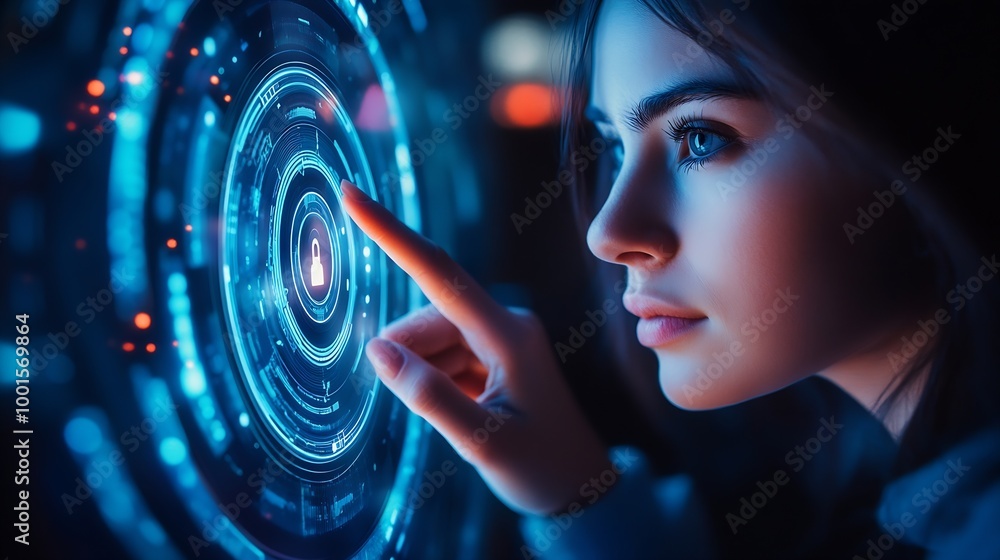 Aufkleber Studio press and woman with finger on choice with technology button or password access on app Hand biometric security system and vote selection decision or user experience on blue back : Generative AI