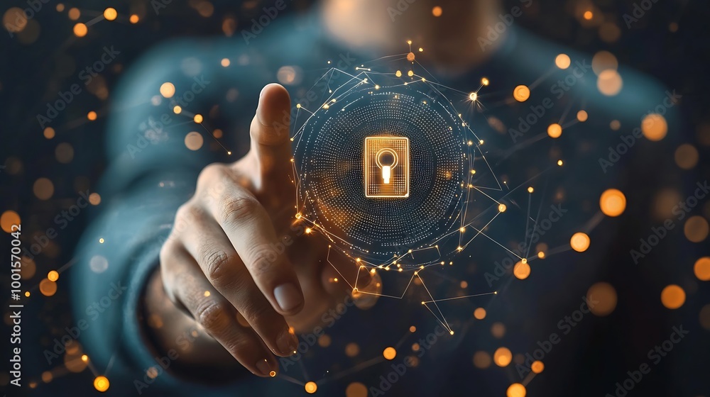 Poster Know your customer KYC concept Businessman touching identity verification symbol for Increase financial security and access personal financial data Biometrics security : Generative AI