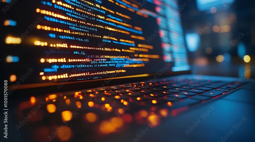 Poster close up computer engineering writing programming code in database on laptop keyboard to protect and blocking spam email from internet and hacker for smart technology concept : Generative AI