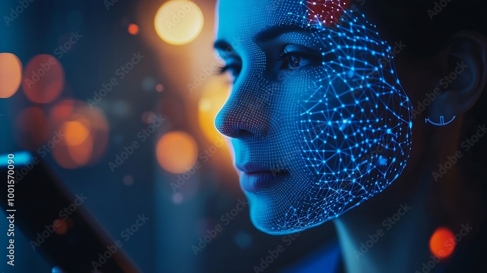 Aufkleber Facial recognition biometric security system cyber security network technology data protection concept Businessman using digital tablet with face scanning unlocked to access personal d : Generative AI