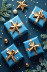 Gleaming Yuletide magic notion. Top view picture of glistening blue and gold-wrapped gifts, star toy, bright confetti, fir twigs with frost on elegant blue surface, available for your text or ad 