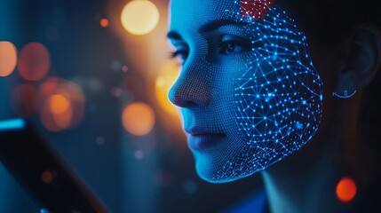 Facial recognition biometric security system cyber security network technology data protection concept Businessman using digital tablet with face scanning unlocked to access personal d : Generative AI