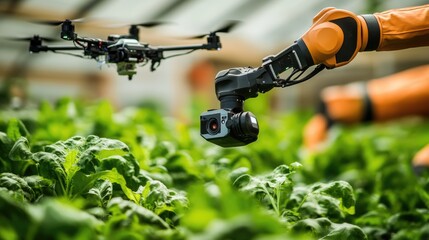 Innovative farm tech with a robotic arm handling crops and a drone providing aerial data