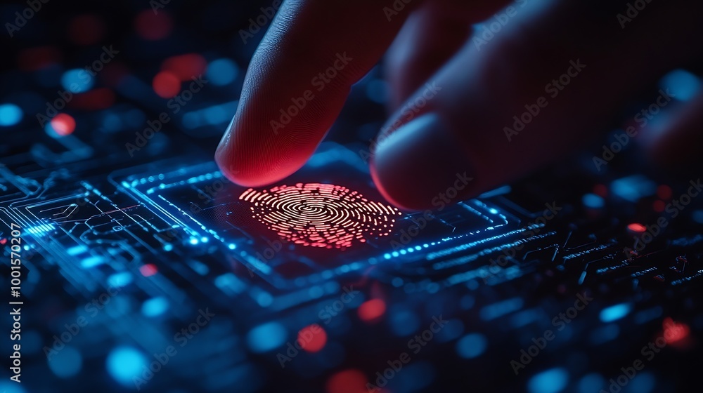 Aufkleber Cyber security system and data protection concept Man using fingerprint scanning access data with data center as background biometric identity data encryption for network security of c : Generative AI