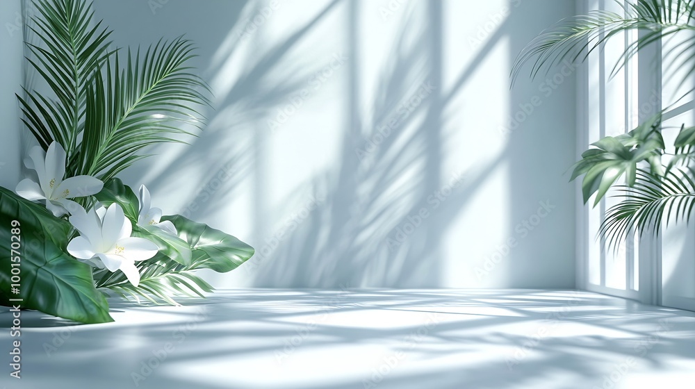Fototapete Abstract white studio background for product presentation Empty room with shadows of window and flowers and palm leaves  3d room with copy space Summer concert Blurred backdrop : Generative AI