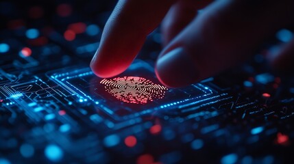 Cyber security system and data protection concept Man using fingerprint scanning access data with data center as background biometric identity data encryption for network security of c : Generative AI