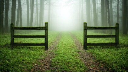 Fototapeta premium Old Cemetery Gate With Moss And Misty Grass