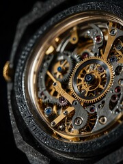 Detailed view of a dismantled mechanical watch, highlighting gears and springs against a dark backdrop.