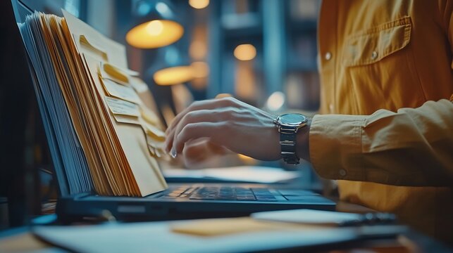 Business people use computers to upload documents from folders to manage online document databases and organize file space on a software system To disseminate information in various ag : Generative AI