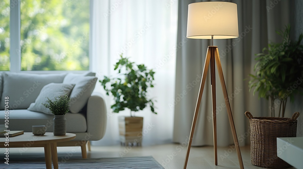 Aufkleber side view of cozy living room with sofa floor standing light lamp home decor on coffee table and com