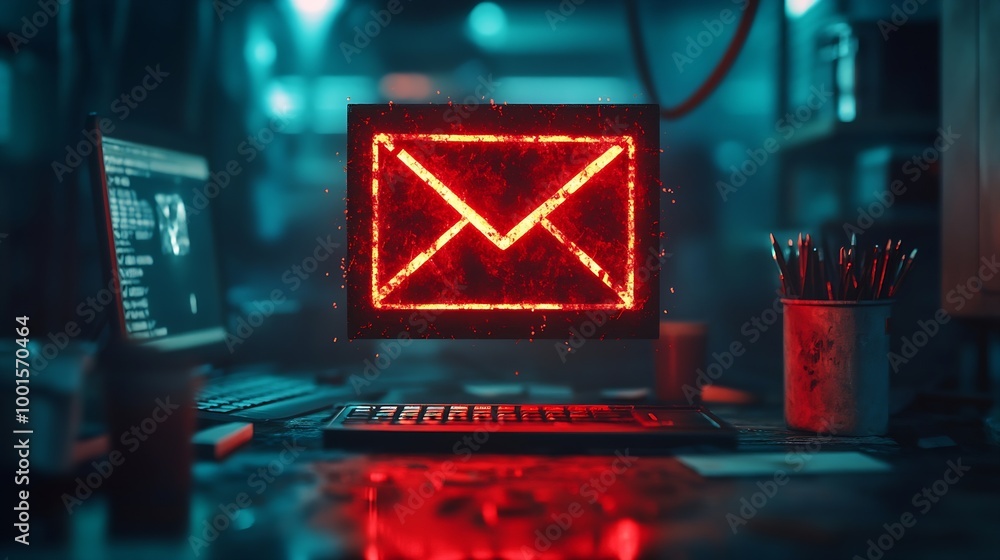 Poster Alert Email inbox and spam virus with warning caution for notification on internet letter security protect junk and trash mail and compromised information : Generative AI